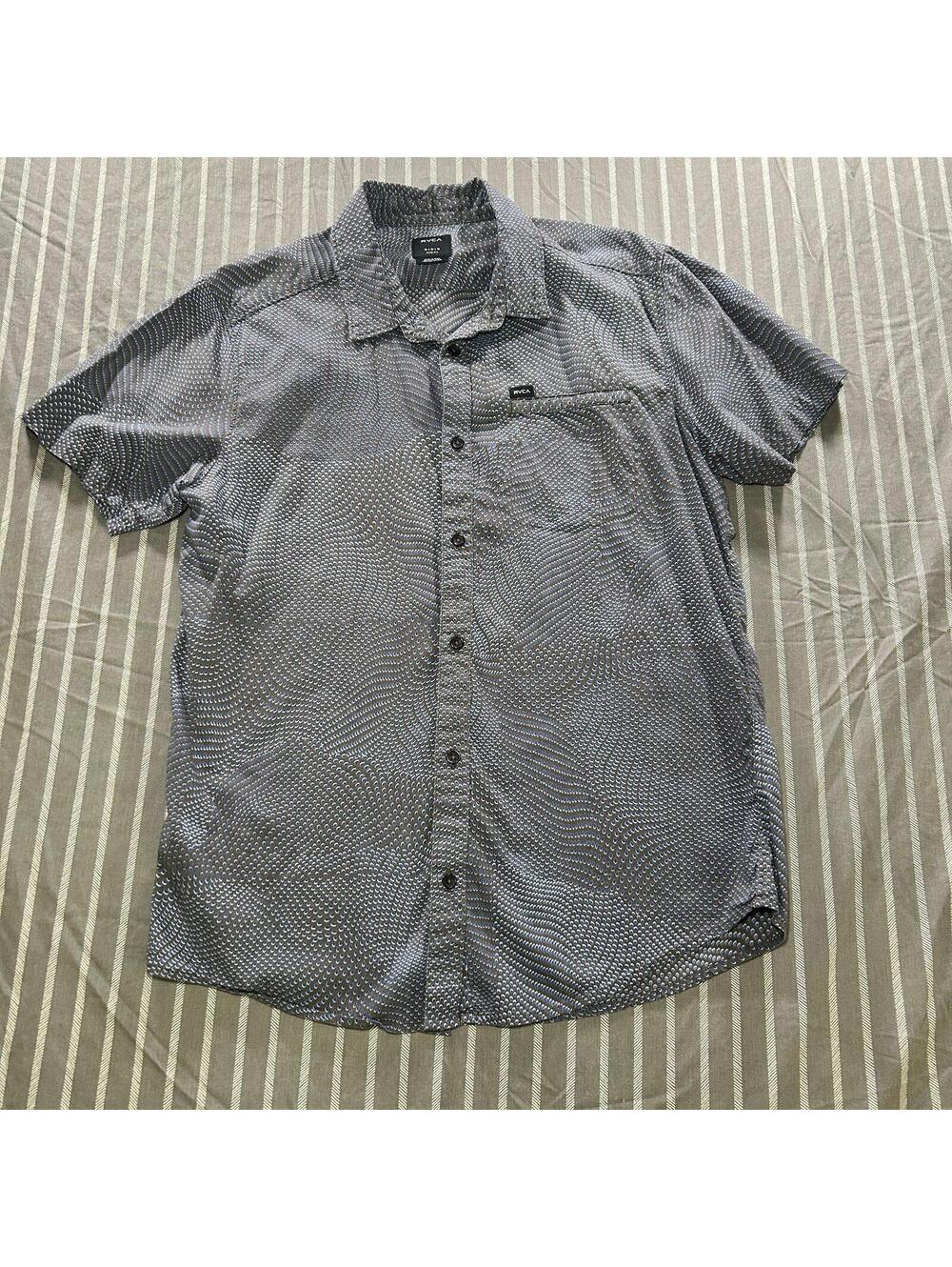 RVCA mens slim fit short sleeve button up shirt gray/ blue sz Medium